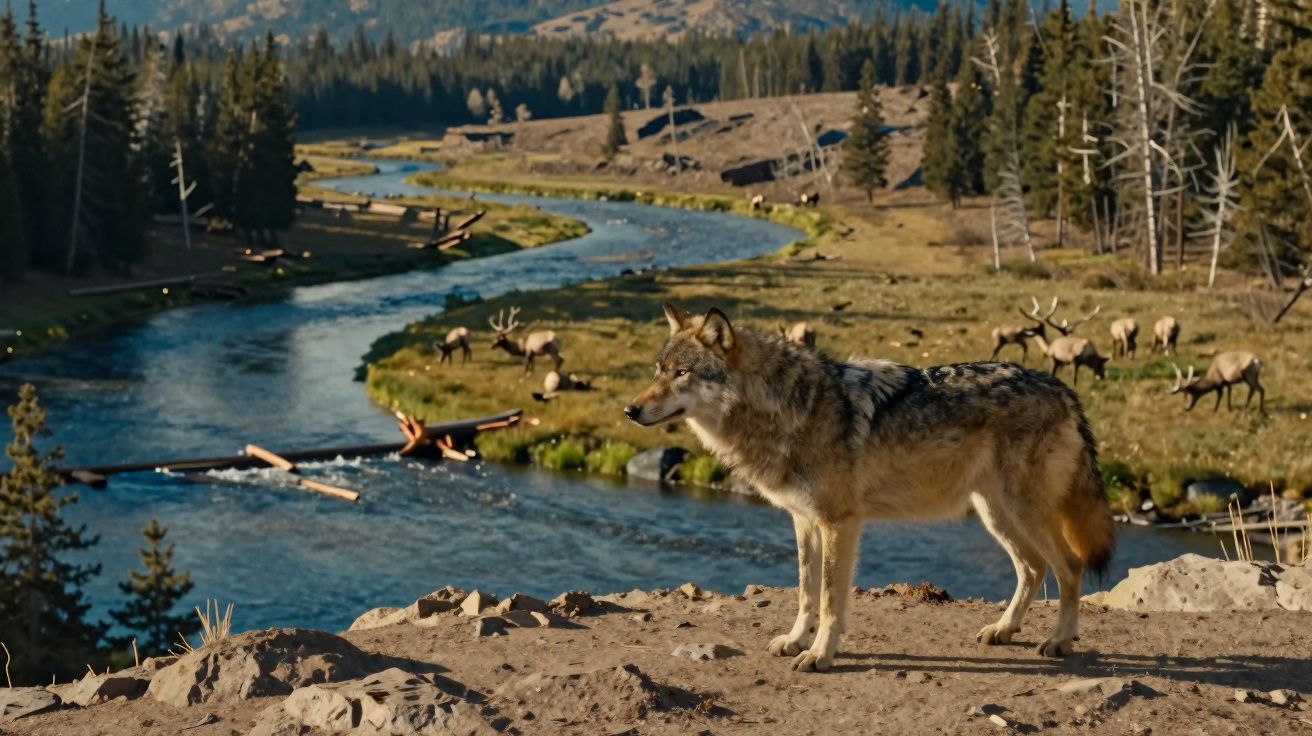 Lobo ao lado de rio com alces pastando em área arborizada e montanhas ao fundo.