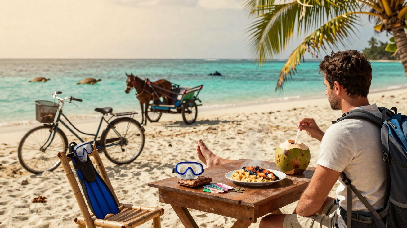 Homem sentado à mesa na praia com comida, bebericando água de coco, bicicleta e carroça com cavalo ao fundo.