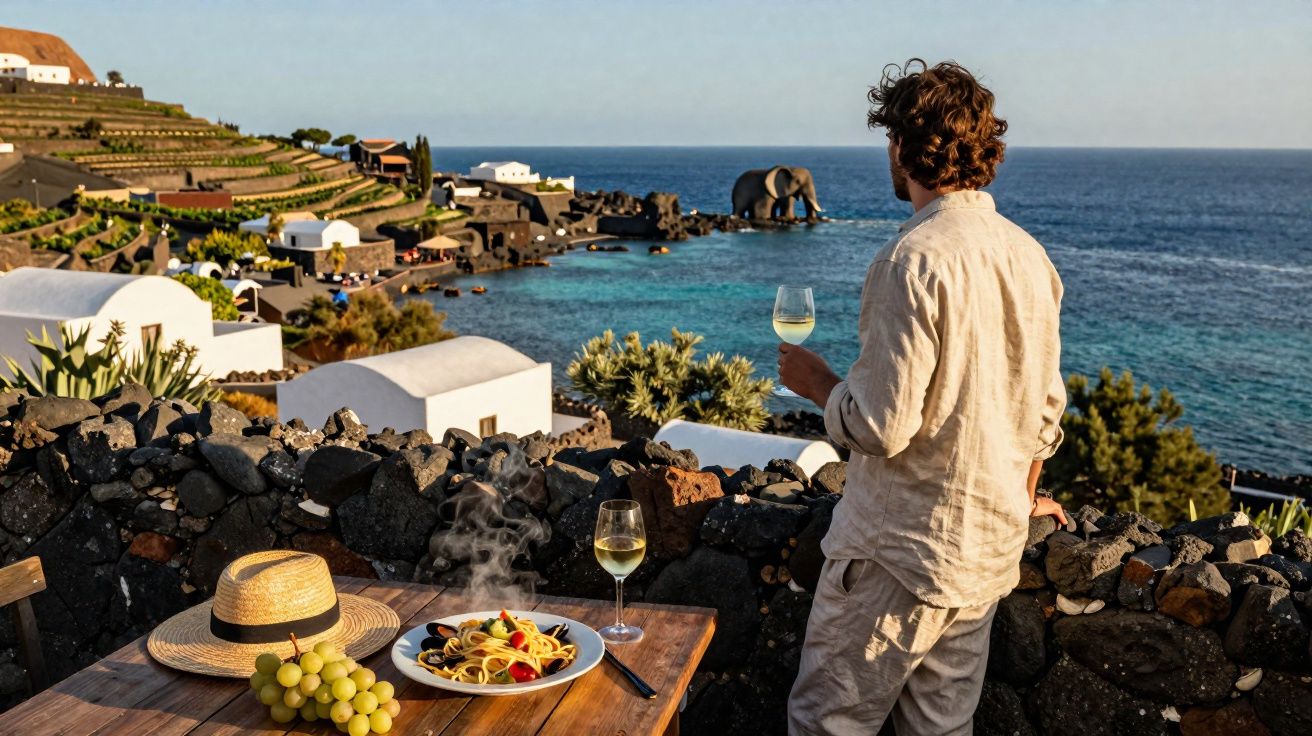 Homem de costas com taça de vinho olhando para o mar, ao lado de mesa com prato de massa e uvas.