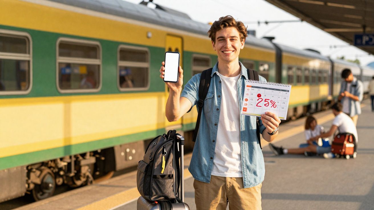 Jovem sorridente na estação de trem segurando celular com tela branca e calendário mostrando desconto de 25%.