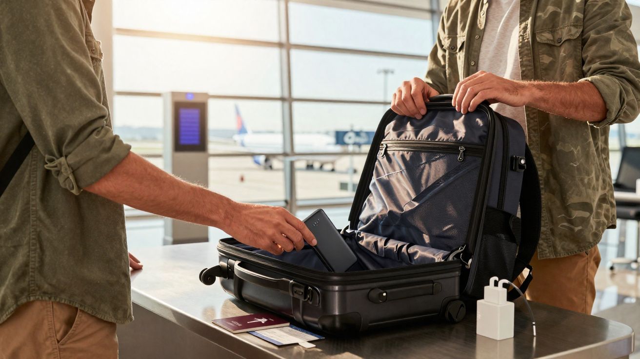 Pessoa colocando celular em mochila aberta dentro de mala preta em aeroporto com avião ao fundo.