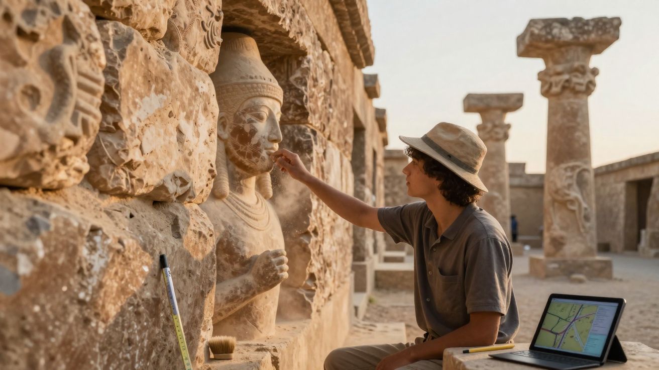 Jovem arqueólogo restaurando escultura antiga em sítio arqueológico com laptop aberto ao lado.