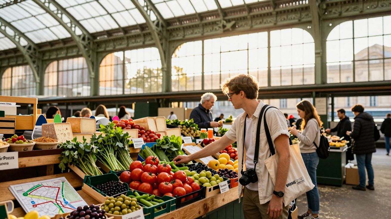 Homem com bolsa e câmera escolhe frutas em feira coberta com várias bancas e clientes ao fundo.