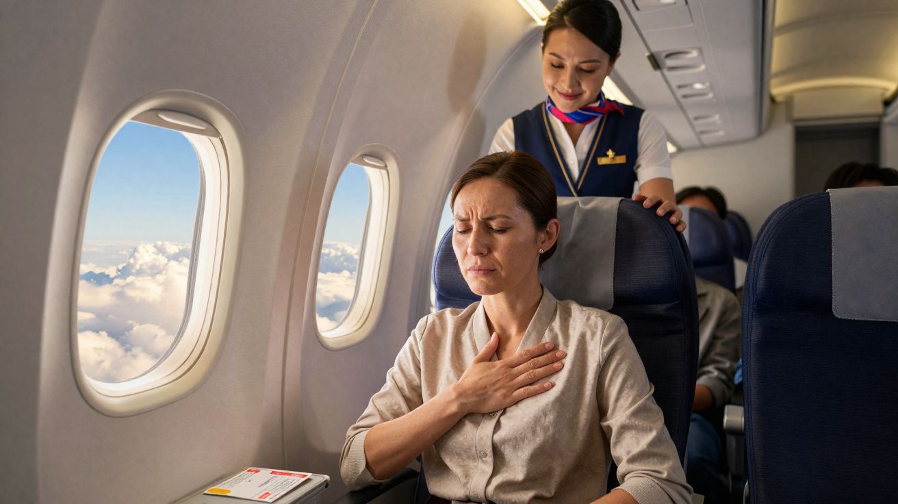 Passageira com desconforto no peito recebe atenção de comissária em avião durante voo.
