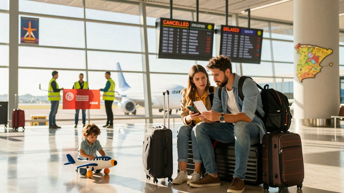 Casal com malas sentado no aeroporto, criança brinca com avião de brinquedo, painel indica voos cancelados e atrasados.