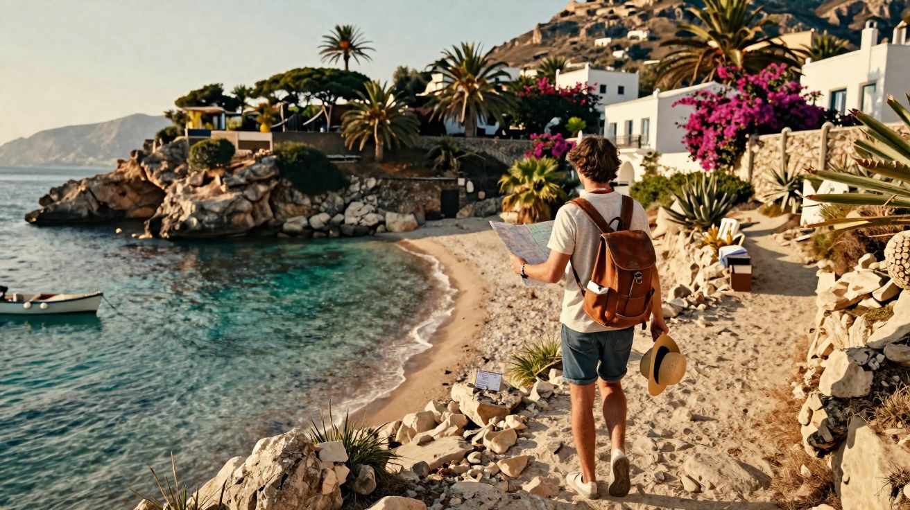 Homem com mochila e chapéu segurando mapa em praia com mar azul, pedras, flores e casas ao fundo.
