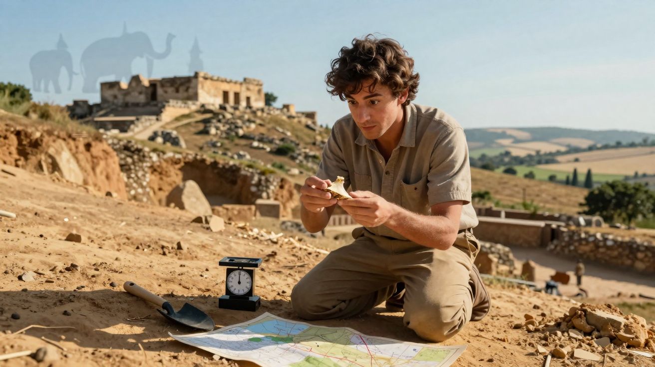 Homem jovem arqueólogo analisando fragmento ósseo em sítio arqueológico com mapa e régua de contagem ao lado.
