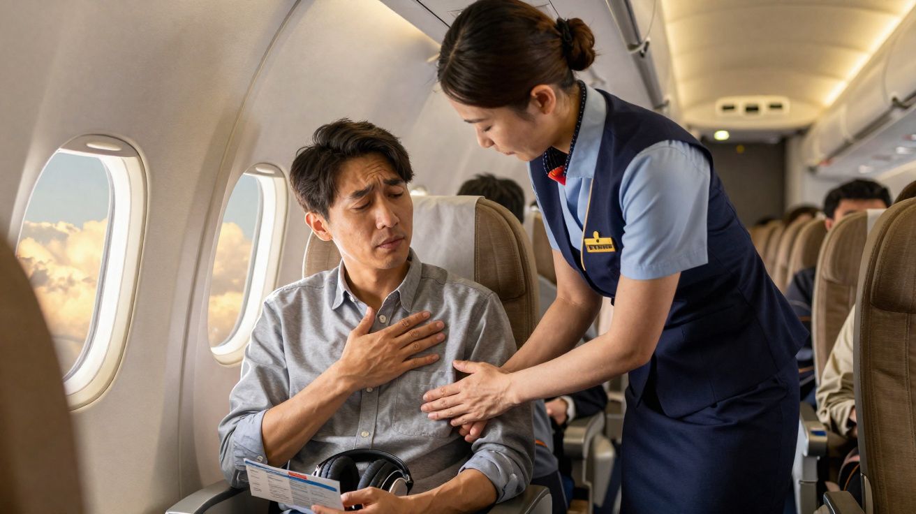 Passageiro parece estar mal e com dor no peito, enquanto comissária de bordo oferece ajuda em avião.