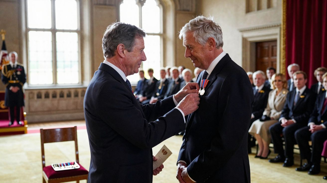 Homem entrega medalha a outro homem durante cerimônia formal com público ao fundo em salão iluminado.