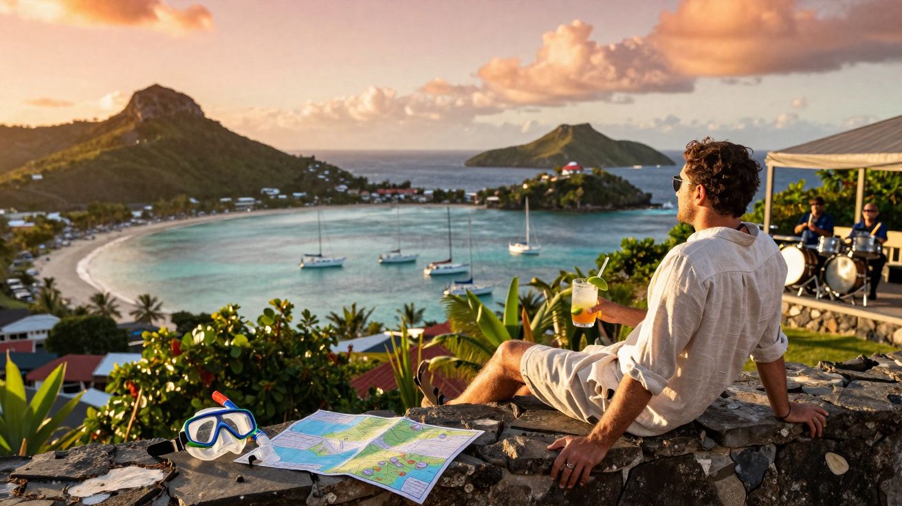 Homem sentado em muro com bebida, mapa e máscara de mergulho, vista para baía com barcos e montanhas ao pôr do sol.