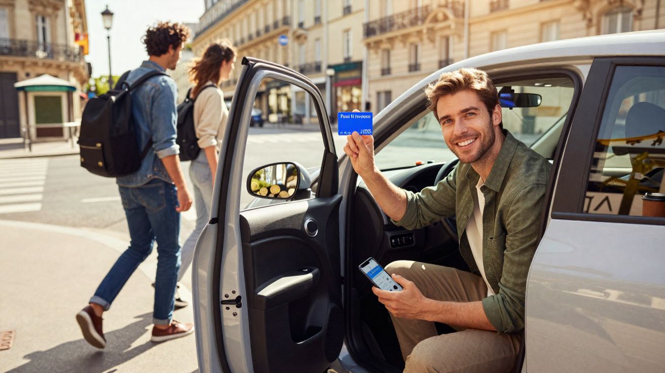Homem sorridente sentado no carro com cartão e celular, enquanto casal caminha na calçada ao fundo.
