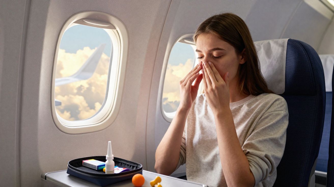 Mulher com olhos fechados usando spray nasal dentro de avião, sentada próxima à janela.