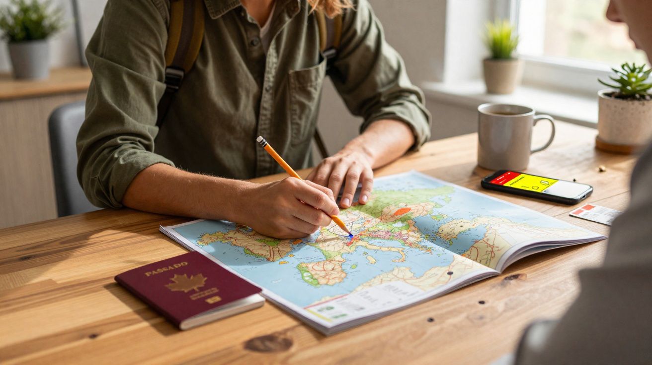 Pessoa com mochila marcando local no mapa aberto sobre mesa com passaporte, celular e caneca ao lado.