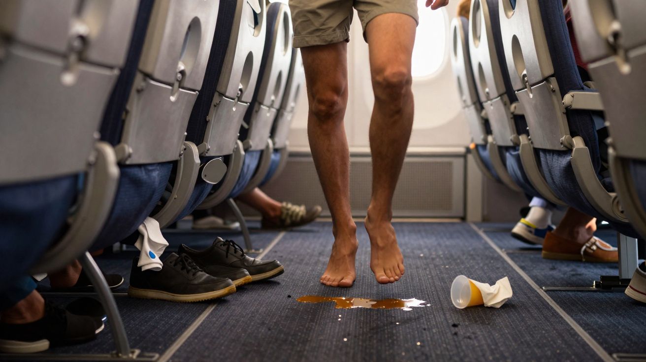 Pessoas sentadas em avião e uma pessoa descalça pulando sobre líquido derramado no corredor.