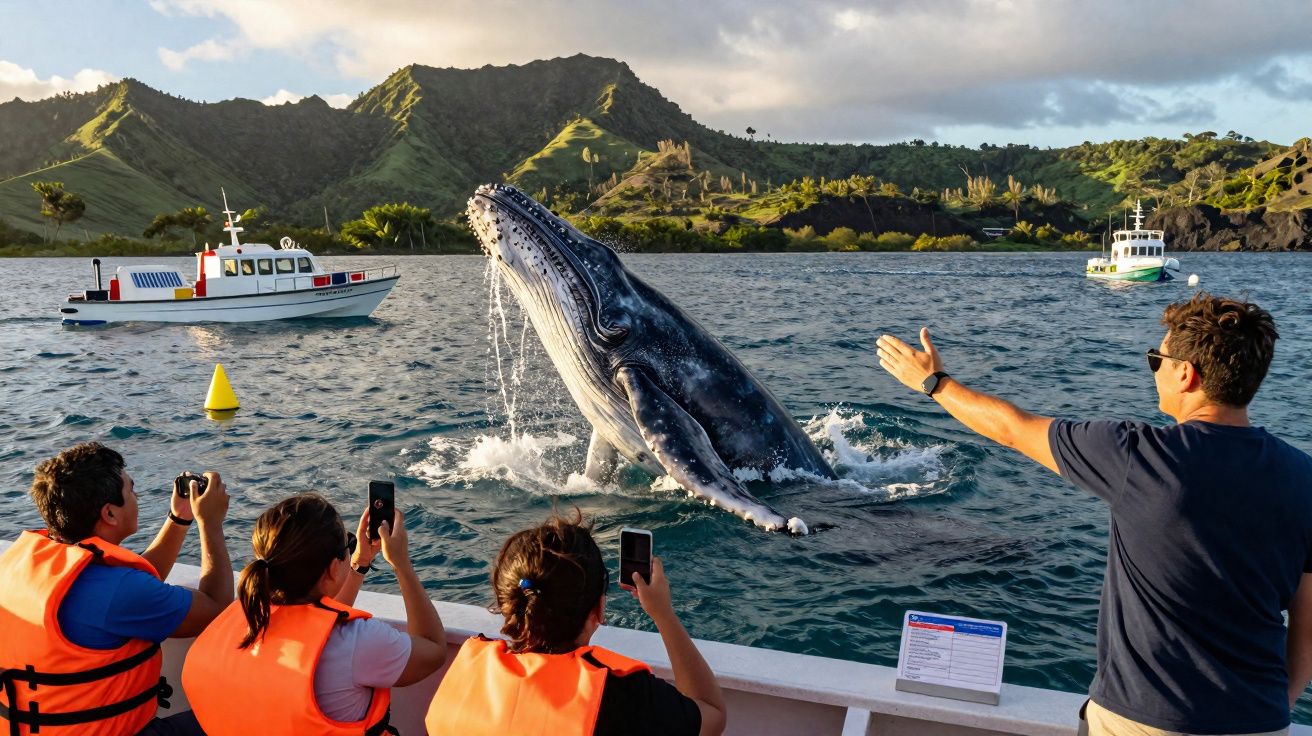 Turistas com coletes laranja fotografam baleia saltando perto de barco em mar com montanhas ao fundo.