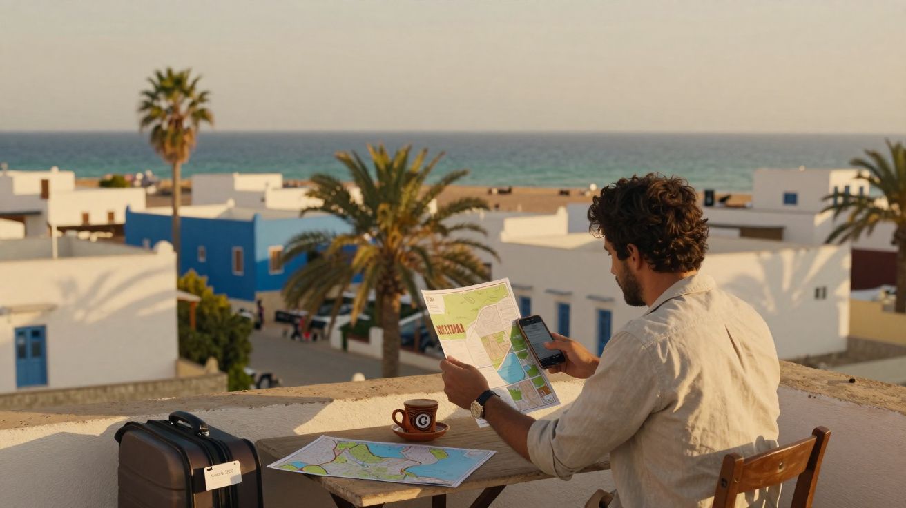 Homem contempla mapa sentado em varanda com vista para casas brancas, palmeiras e mar ao fundo.