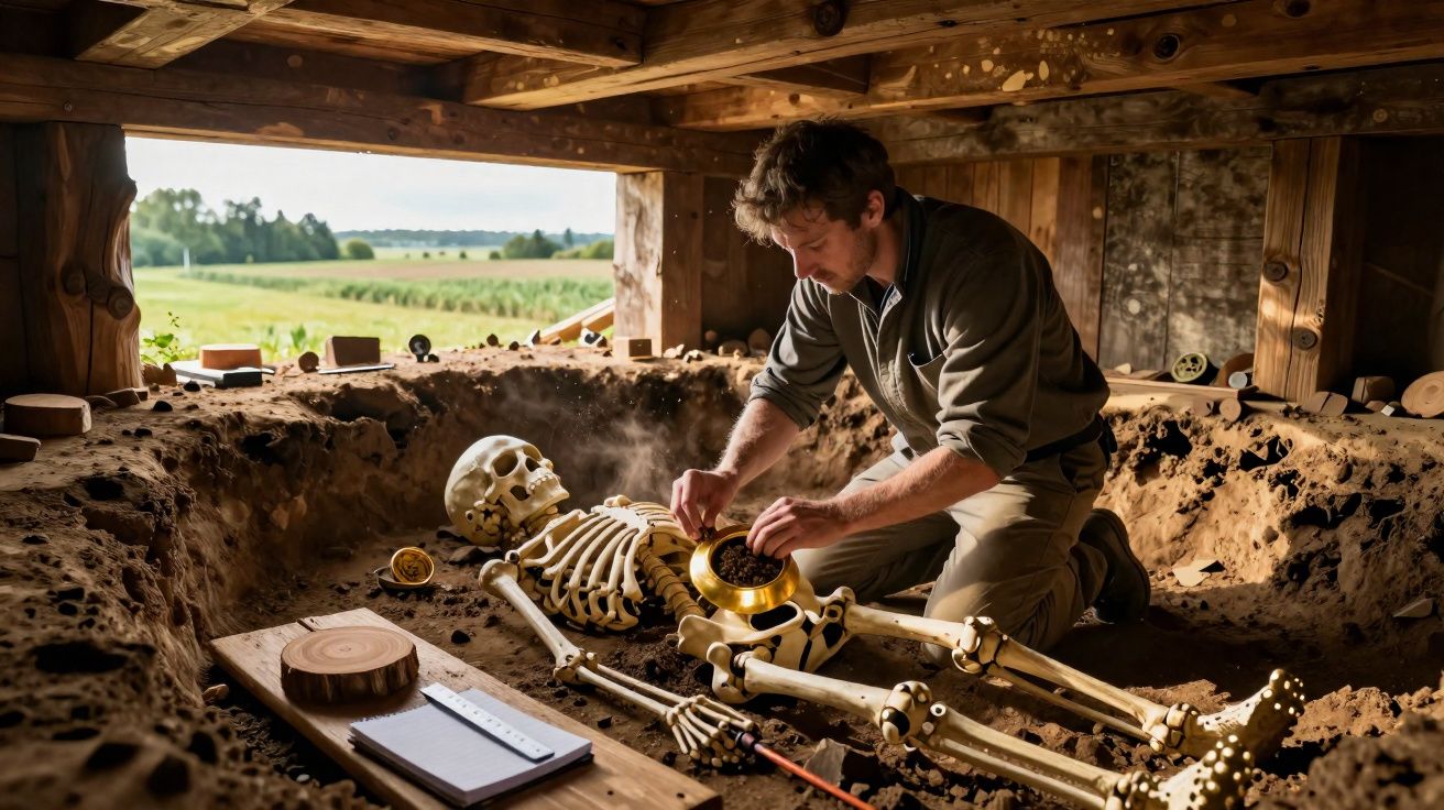 Arqueólogo examina esqueleto humano em sítio arqueológico com paisagem rural ao fundo.