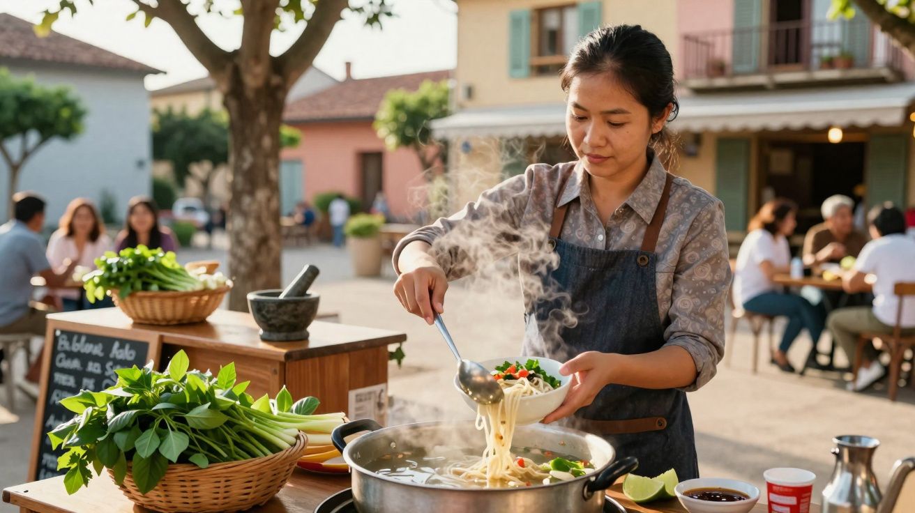Mulher serve macarrão fumegante em tigela em mercado ao ar livre com pessoas ao fundo.
