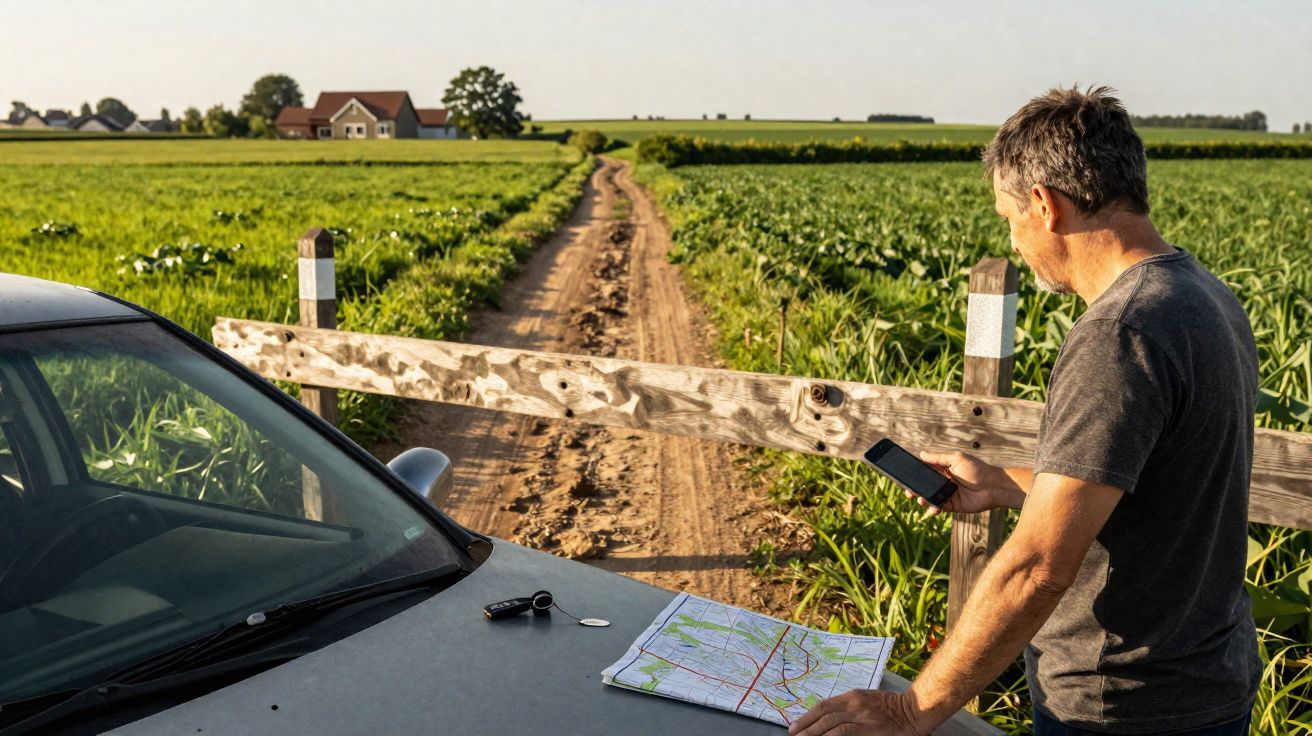 Homem parado ao lado de carro bloqueado por cancela em estrada de terra rural olhando celular e mapa sobre o capô.