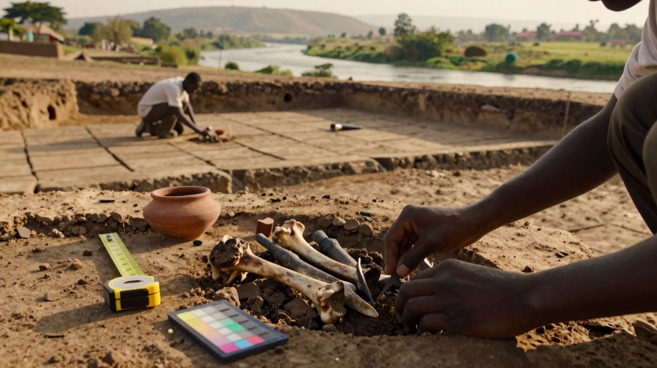 Arqueólogo escavando ossos humanos e artefatos em sítio arqueológico próximo a rio e montanhas.