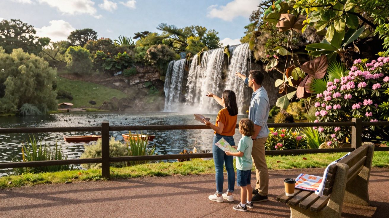 Família observa e aponta para uma cachoeira em parque com área verde, lago e flores ao redor.