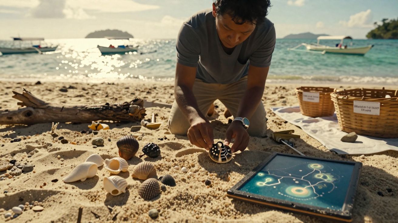 Homem organiza conchas marinhas na areia da praia com quadro ilustrado e cestas ao redor.