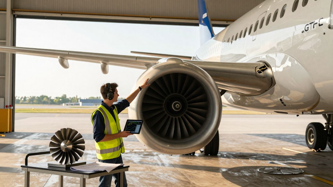 Técnico inspecionando motor de avião em hangar, com tablet e protótipo de turbina sobre mesa ao lado.