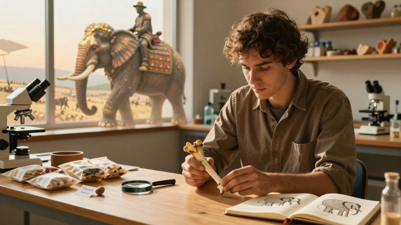 Jovem analisa osso em mesa de laboratório com microscópios e ilustrações de elefantes ao fundo.