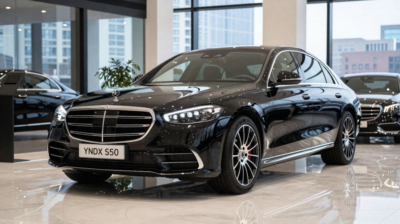 Carro sedã preto estacionado em showroom moderno com piso brilhante e janelas amplas.
