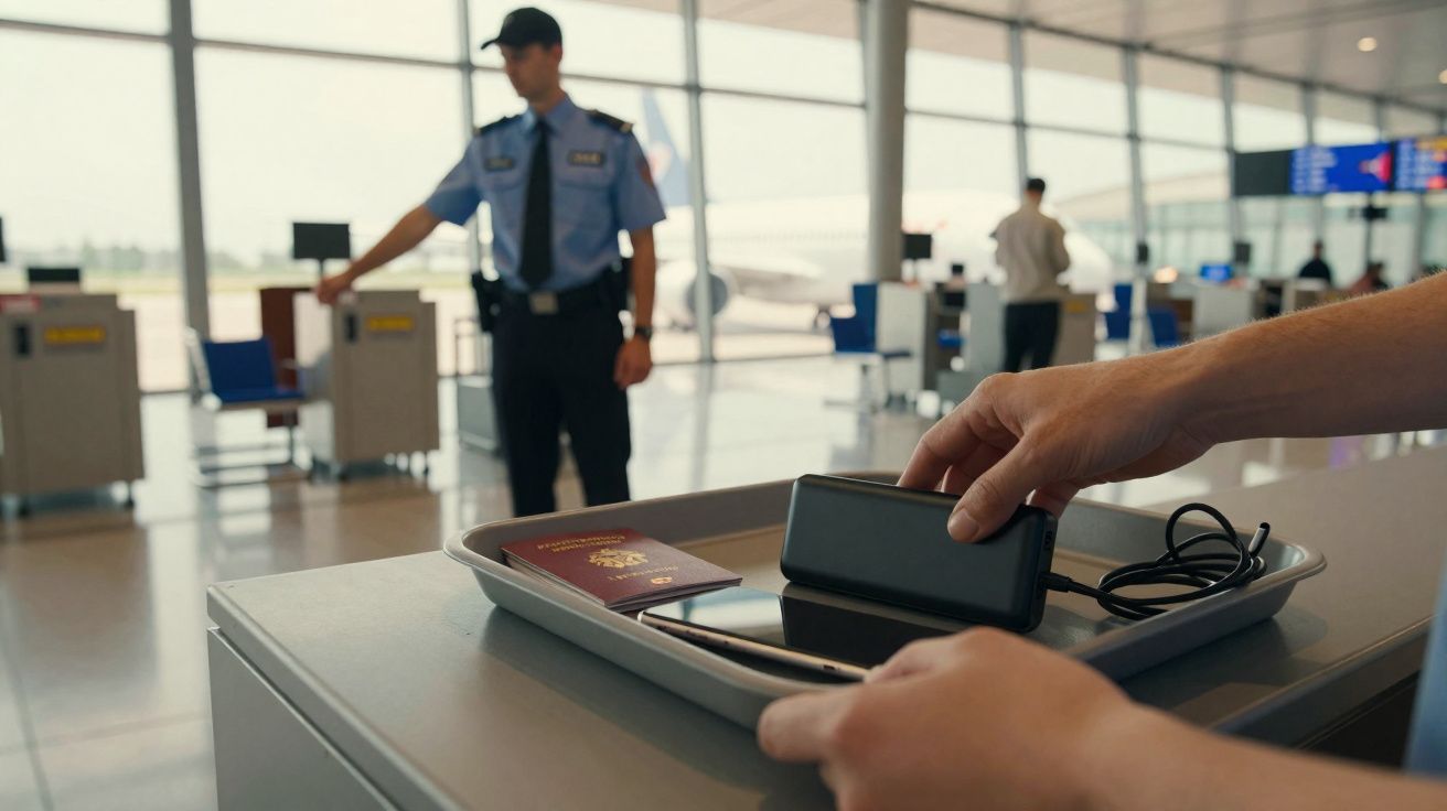 Pessoa colocando eletrônicos em bandeja para inspeção de segurança no aeroporto, com policial ao fundo.