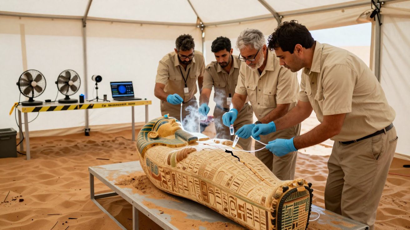 Equipe de arqueólogos analisando sarcófago decorado dentro de uma tenda no deserto.
