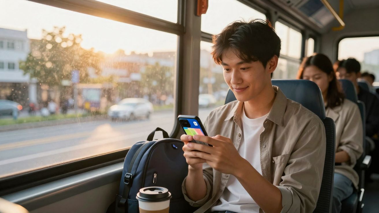 Jovem sorrindo enquanto usa celular sentado no ônibus ao pôr do sol, com mochila e café ao lado.