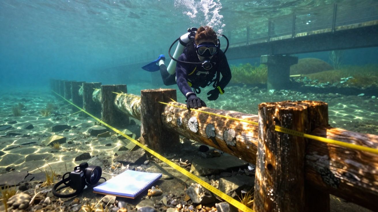 Mergulhador fazendo medição em troncos submersos com fita métrica e caderno no fundo do lago.
