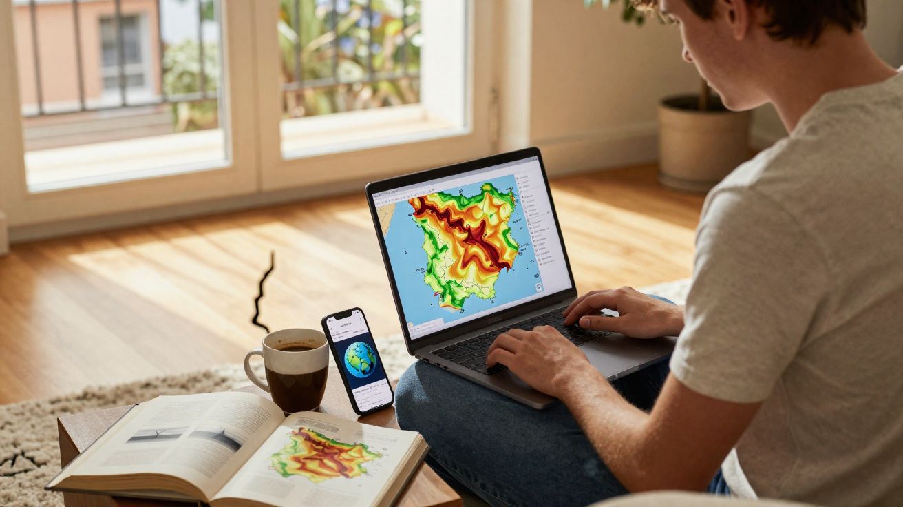 Pessoa estudando mapas topográficos em laptop, com livro, celular e xícara de café em mesa próxima.