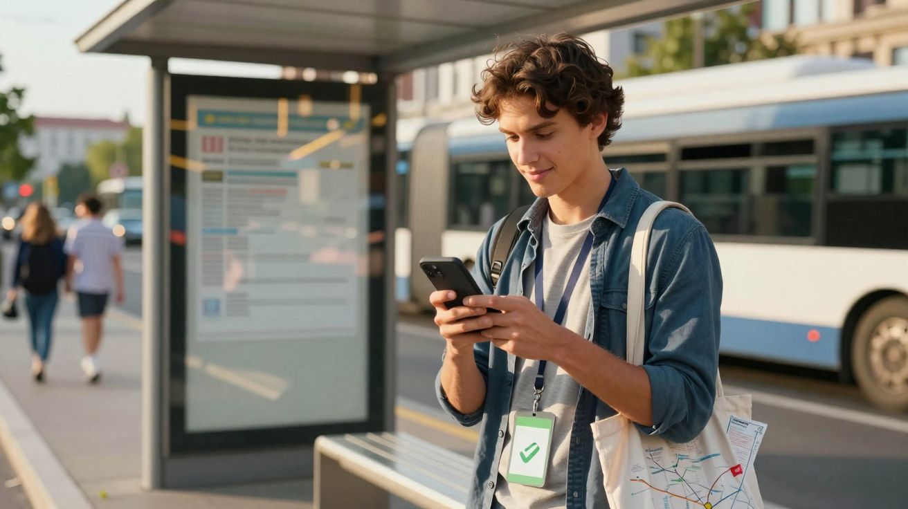Jovem em ponto de ônibus usando celular, com mochila e crachá, ao lado de um ônibus estacionado.