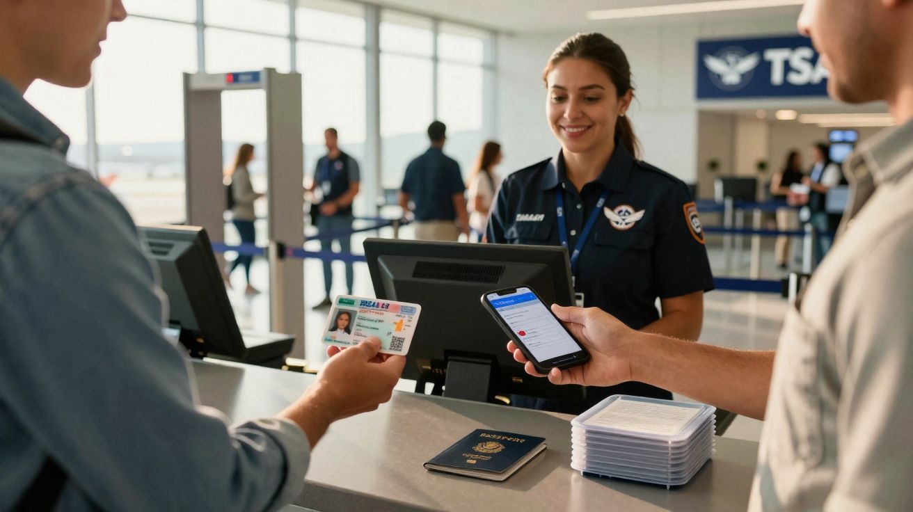 Agente da TSA verificando documentos e celular de passageiros no balcão de atendimento no aeroporto.
