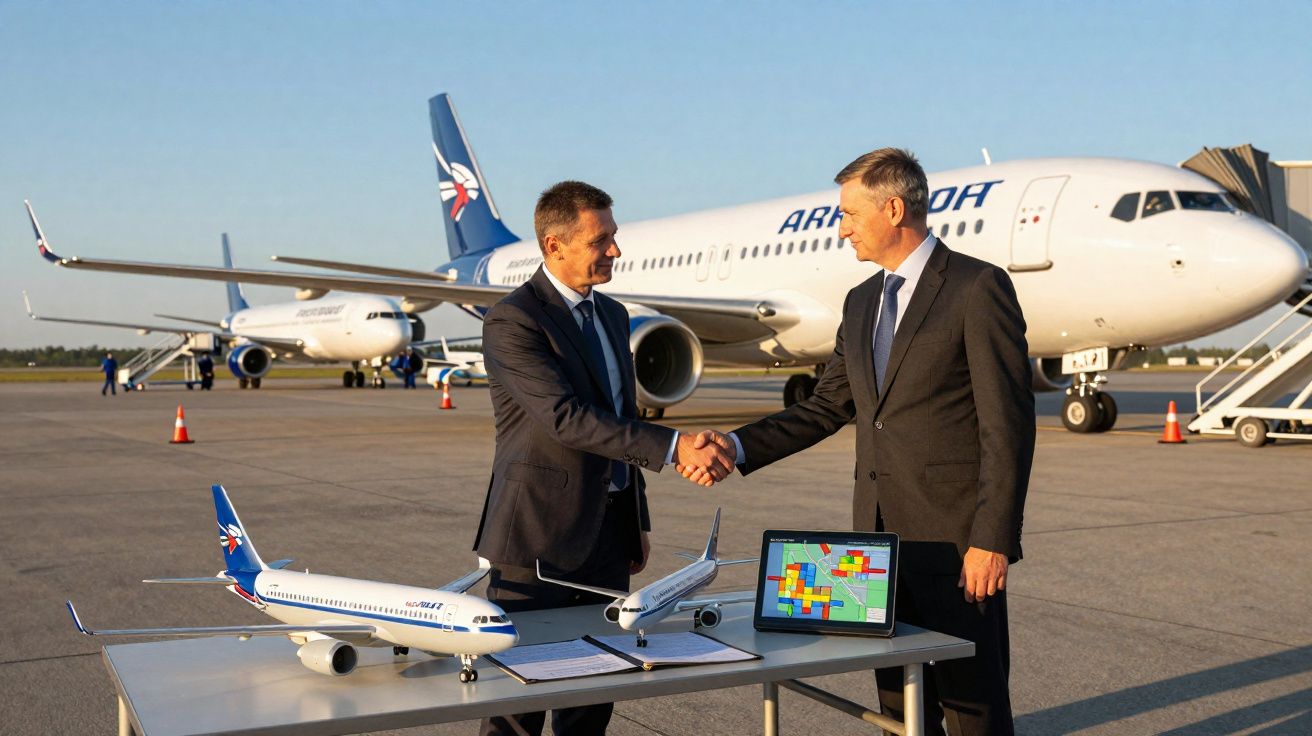 Dois homens em terno apertam as mãos ao lado de maquetes de aviões e computador no aeroporto.