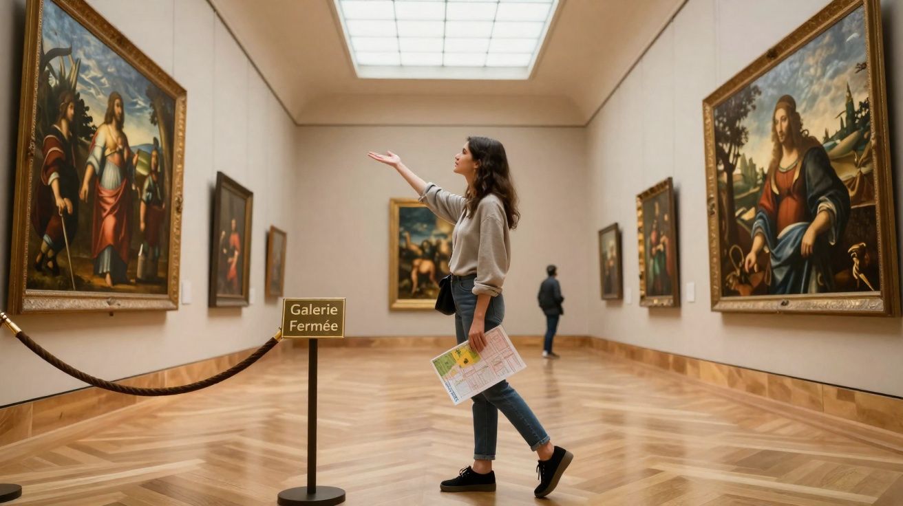 Mulher visitando galeria de arte com pinturas clássicas em uma sala ampla e bem iluminada.