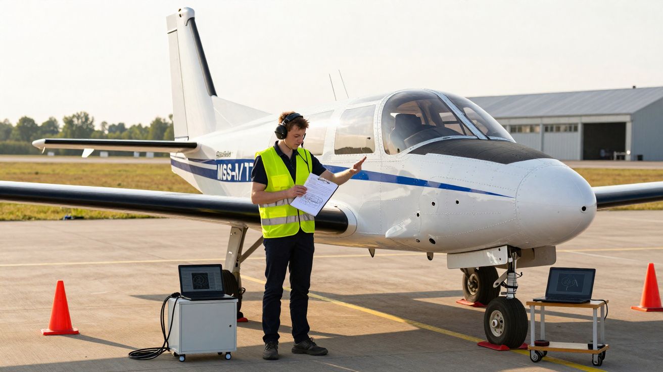Homem com colete refletivo faz inspeção em avião pequeno no pátio de aeroporto com cones de sinalização.