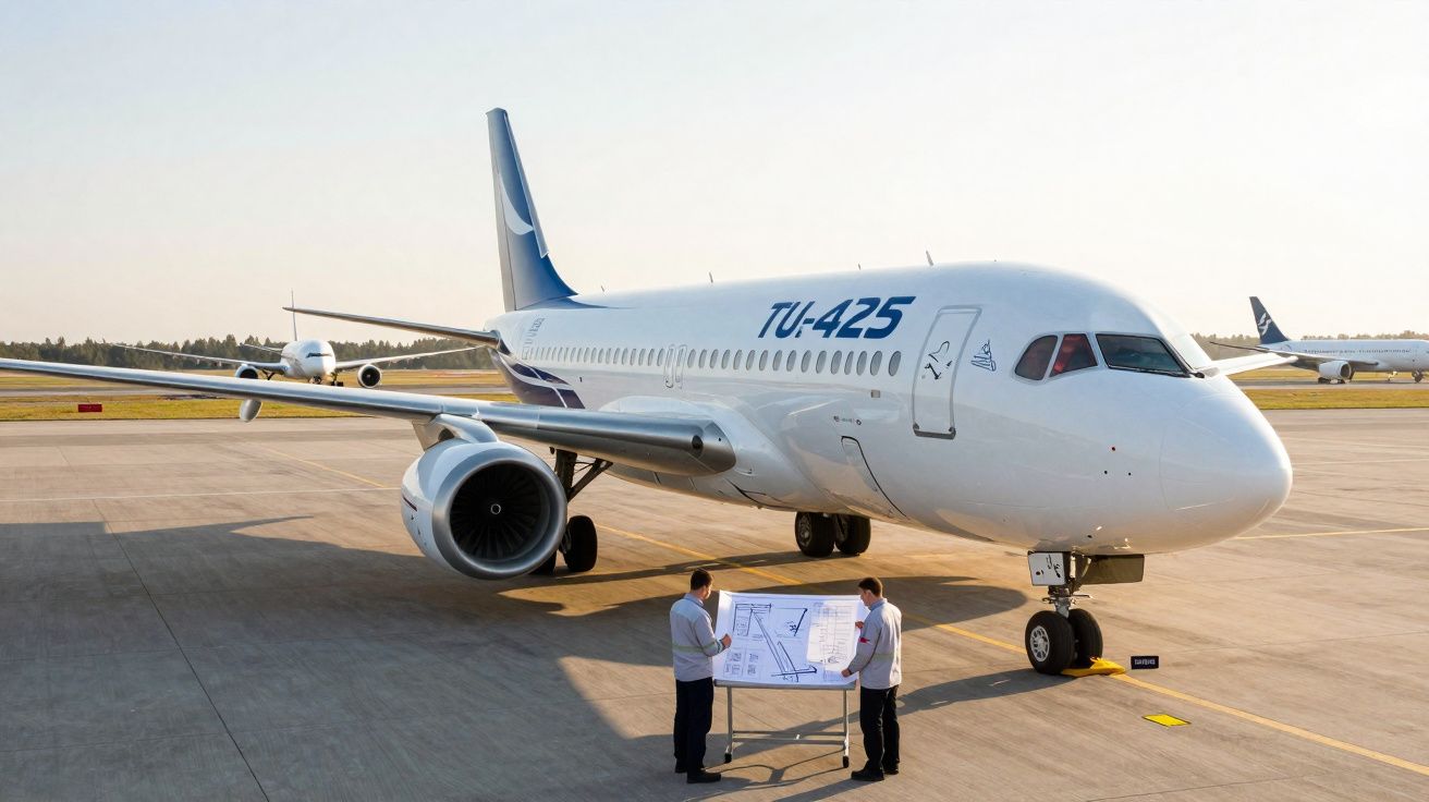Avião TU-425 estacionado em pista de aeroporto com duas pessoas analisando um projeto em frente.