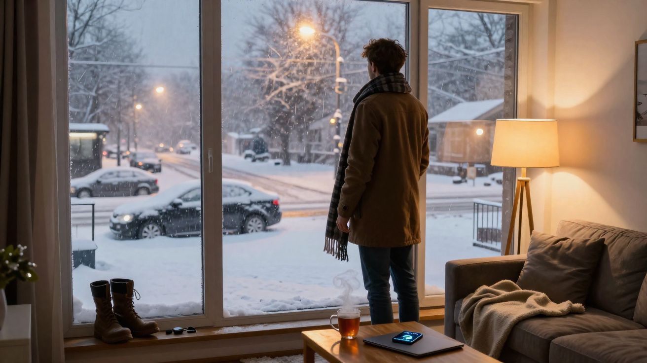 Homem de casaco e cachecol olhando pela janela para rua coberta de neve em um dia frio de inverno.