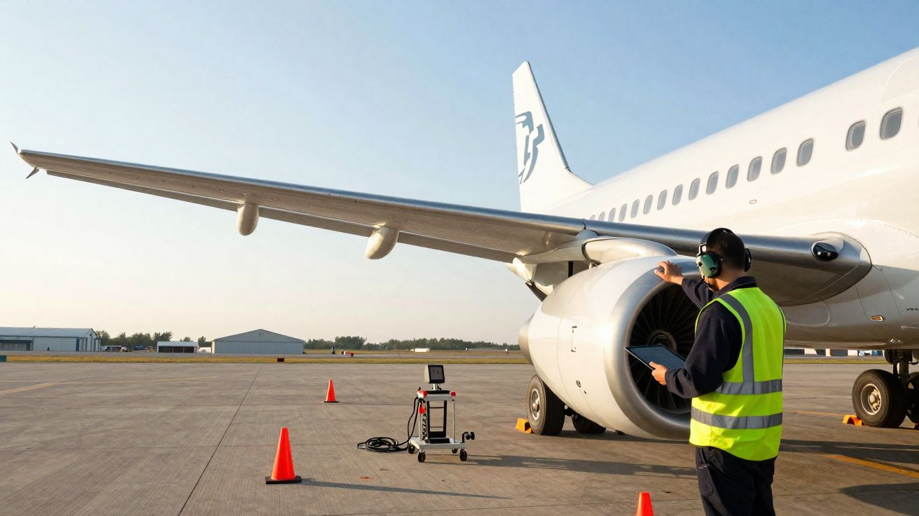 Técnico com colete refletivo inspeciona motor de avião em pista com cones laranjas ao redor.