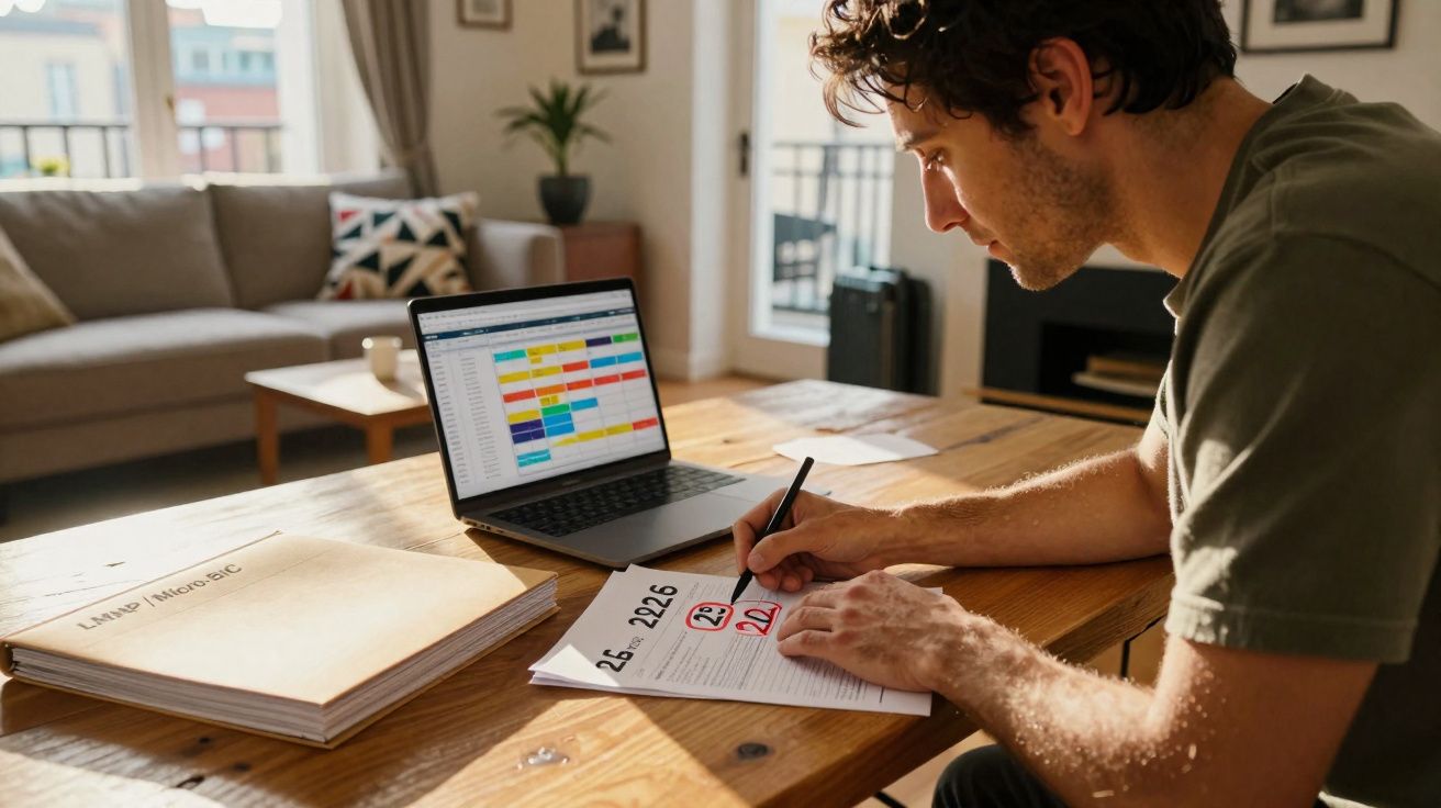 Homem jovem escrevendo anotações enquanto trabalha com calendário colorido aberto no notebook.