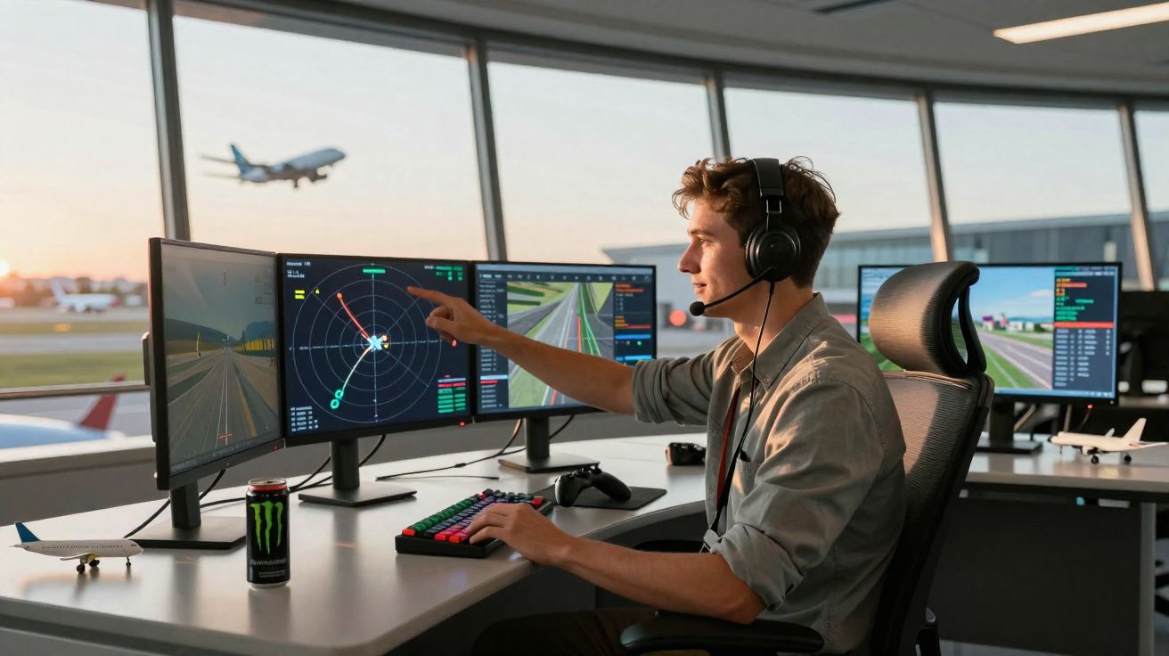 Controlador de tráfego aéreo com headset monitorando radares e aviões na torre de controle do aeroporto.