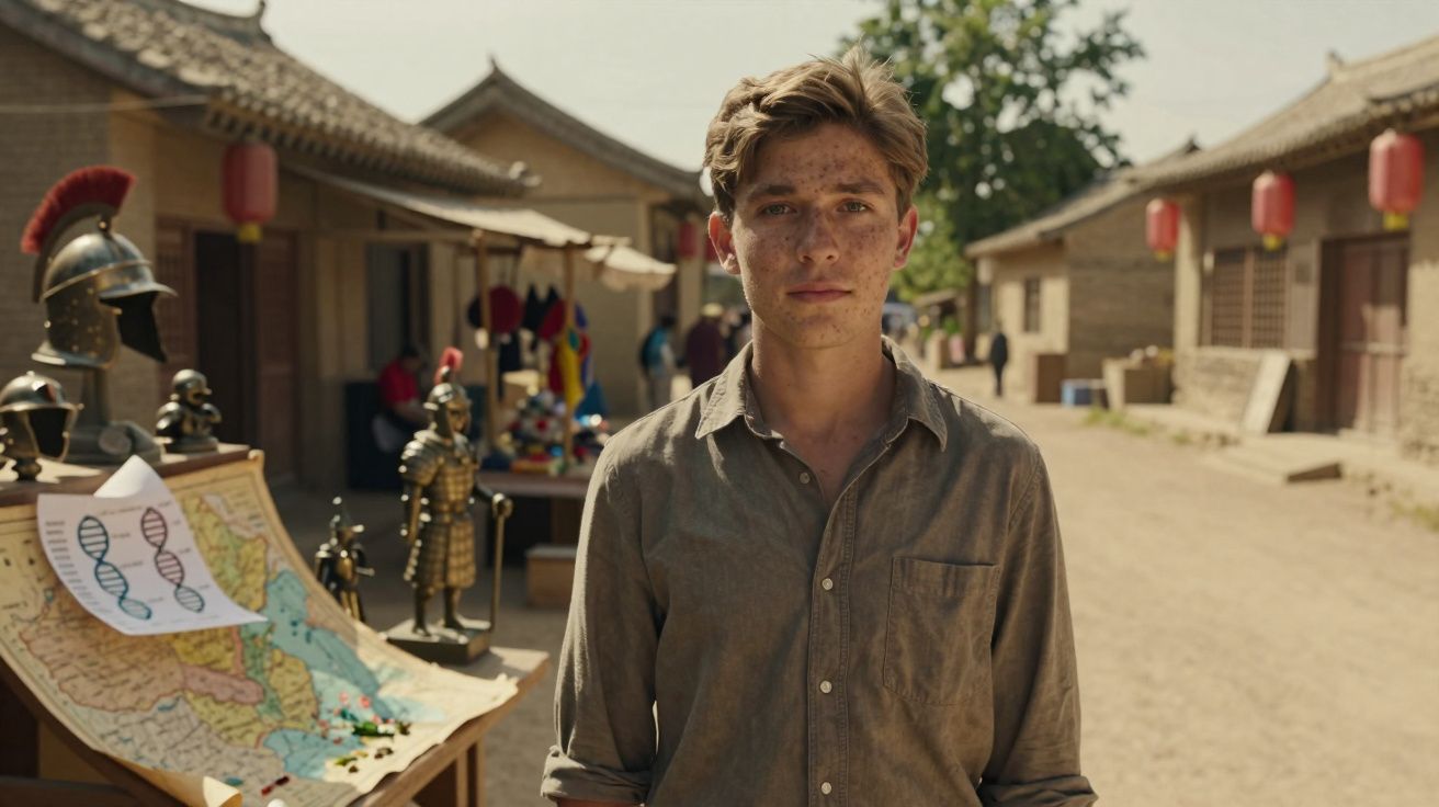 Jovem com camisa marrom em rua histórica com estátuas de guerreiros e mapa sobre mesa ao lado.