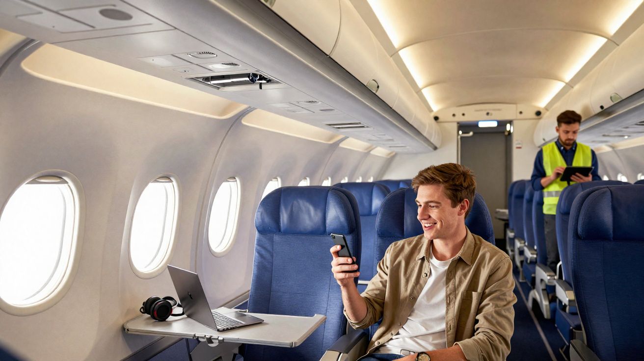 Homem sorridente usando celular em avião com poltronas azuis, laptop aberto e funcionário ao fundo.
