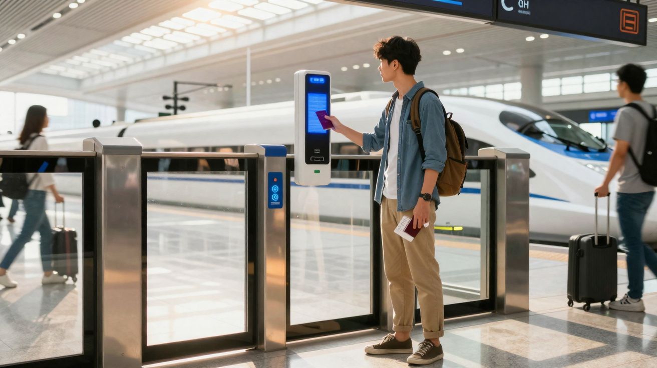 Jovem usa smartphone para validar passagem em catraca de acesso na estação de trem moderna.