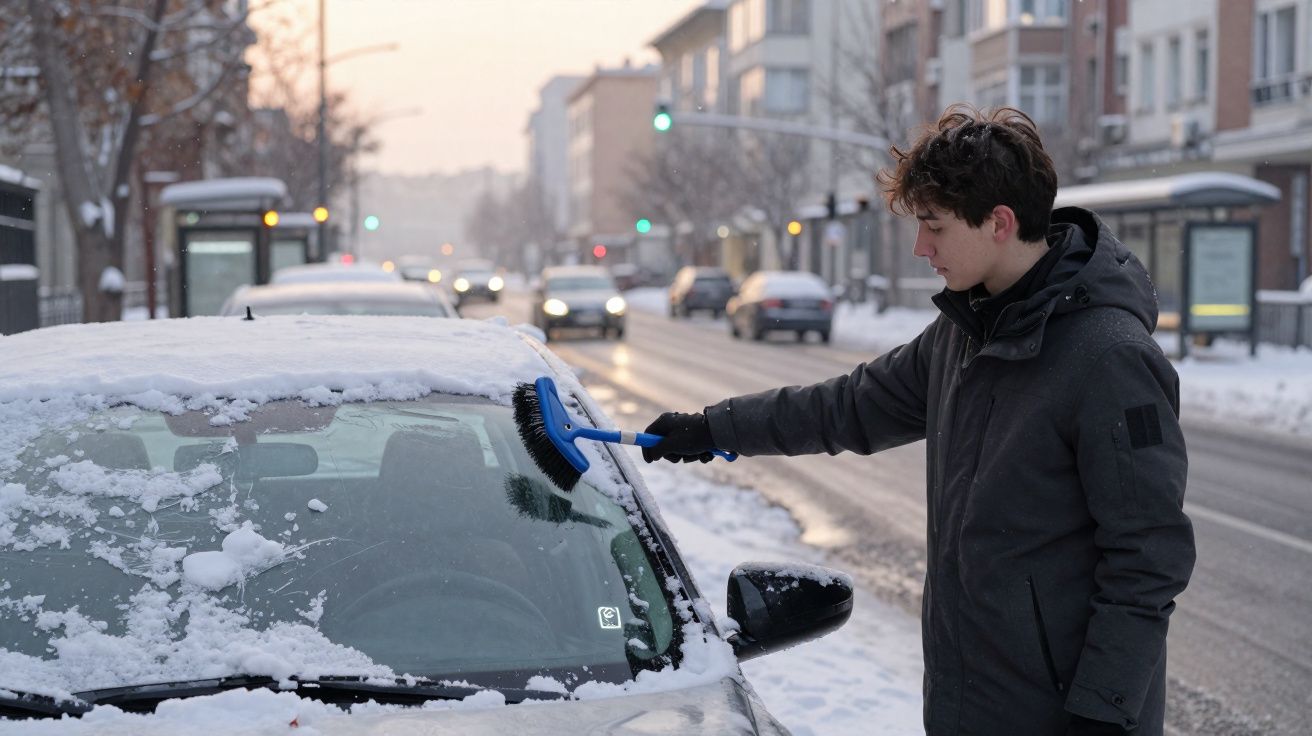 Jovem usando casaco escuro limpa a neve do para-brisa de um carro em rua coberta de neve.