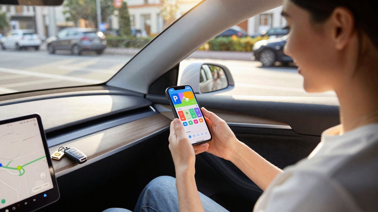 Pessoa usando aplicativo de estacionamento no celular dentro de carro moderno estacionado na rua.