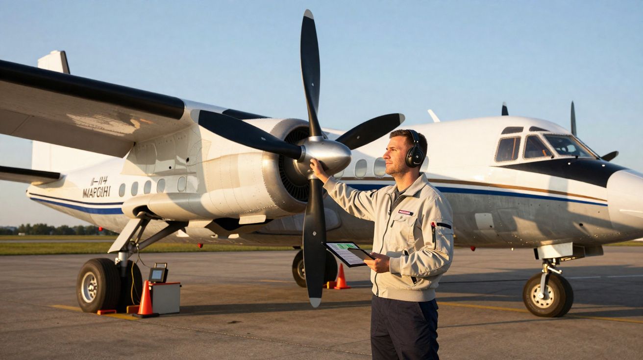 Homem com fone de ouvido inspeciona hélice de avião pequeno estacionado em pista ao pôr do sol.